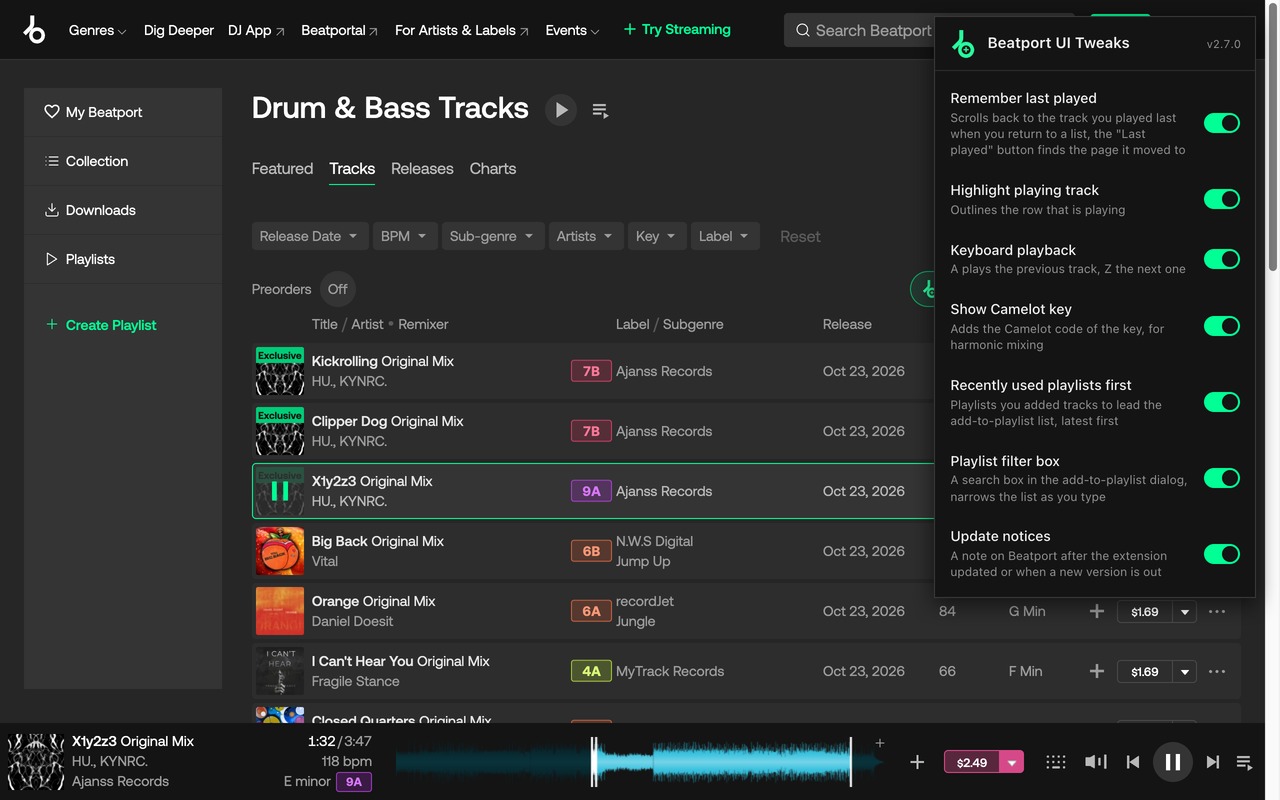 A Beatport tracks list with the extension's popup open: the playing row outlined in green, Camelot codes in one column next to the titles