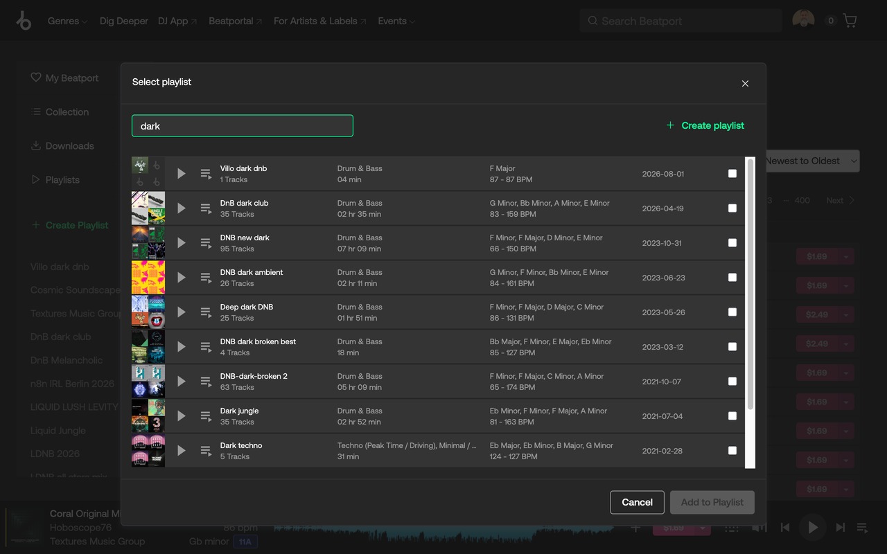 The add to playlist dialog with a filter typed into the search box